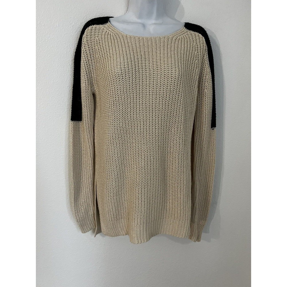 Ann Taylor size Medium Chunky  Knit Sweater pullover Black Ivory Minimalist EUC